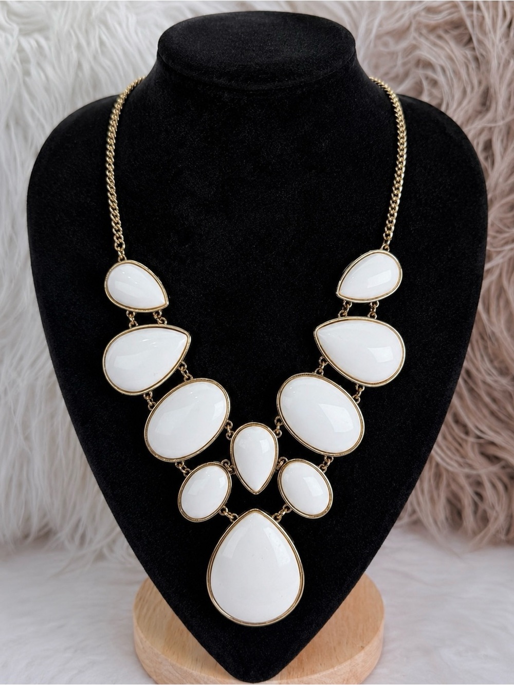 Elegant Goldtone and White Teardrop Bib Statement Necklace